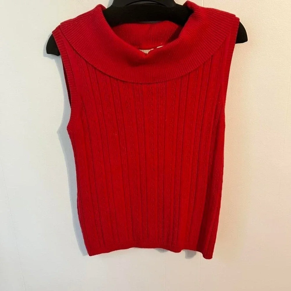 White Stag Red Cowl Neck Sleeveless Cable Knit Sweater Vest Womens Large 12/14